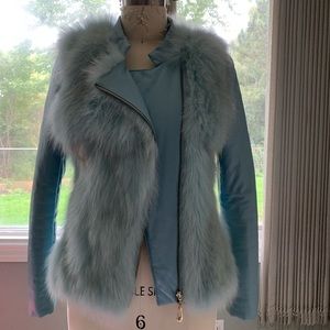 Light blue leather jacket with real fox fur